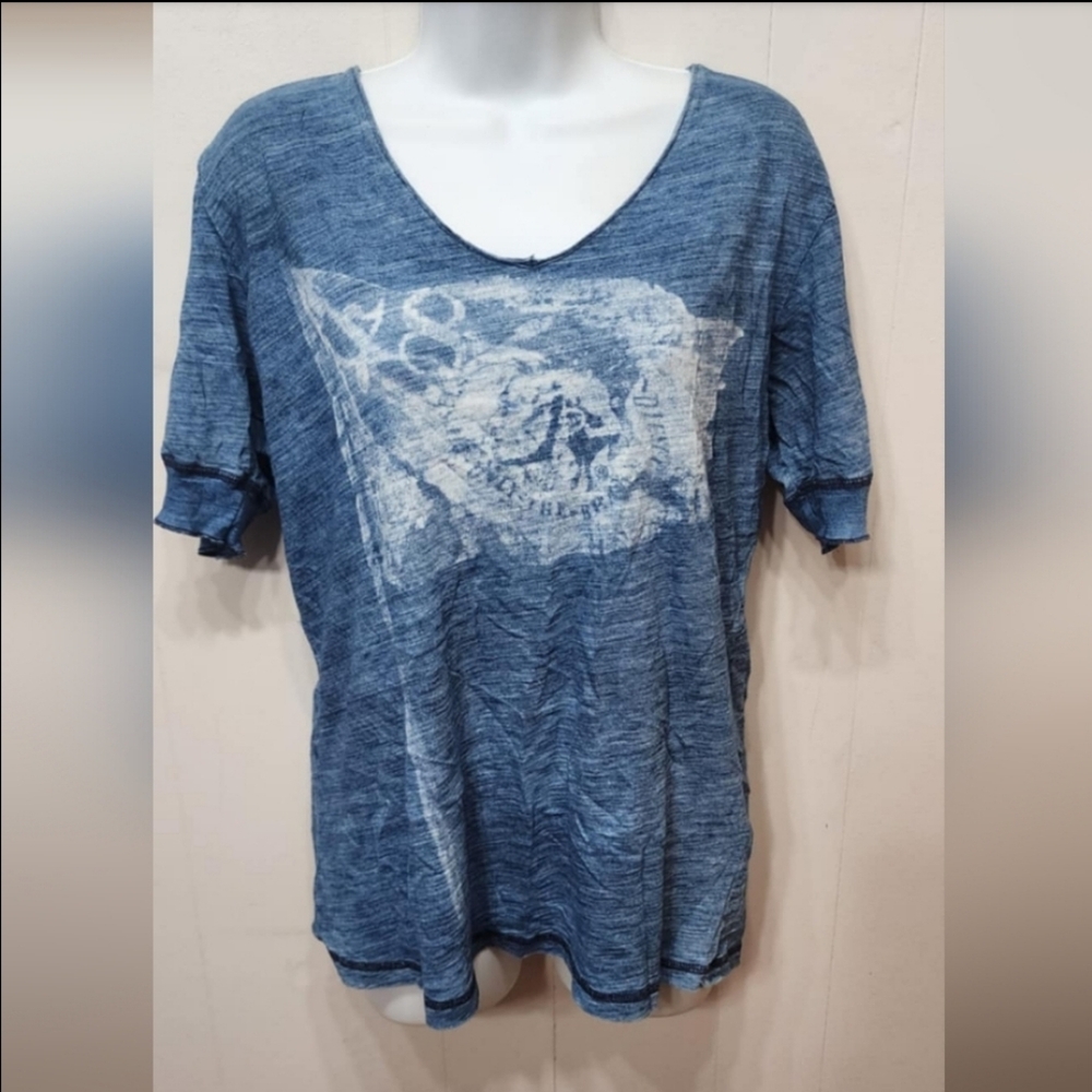 Blue Graphic Top Medium Flag Short Sleeve Casual Lightweight Summer C272Z